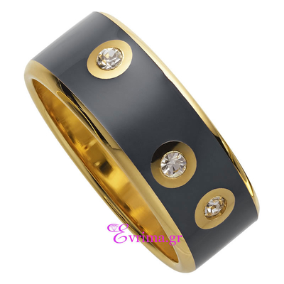 Loisir Stainless Steel Ring with Precious Stones (Quartz Crystals and Enamel) and Ion Plated Gold. [04L27-00119]