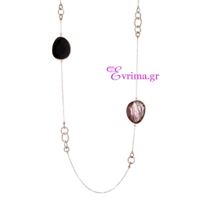 Oxette Sterling Silver Necklace with Rose Gold Plating and Precious Stones (Agate). [01X05-01352]