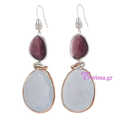 Oxette Sterling Silver Earrings with Rose Gold Plating and Precious Stones (Agate). [03X05-01258]