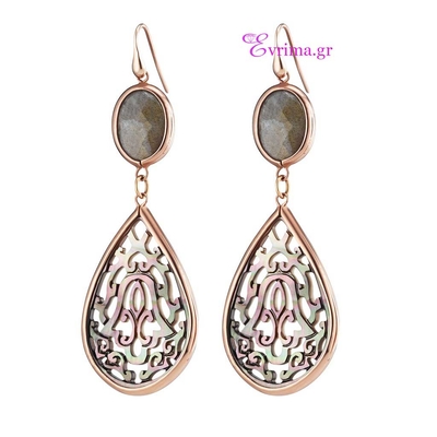 Oxette Sterling Silver Earrings with Rose Gold Plating and Precious Stones (Agate and M.O.P.). [03X05-01224]