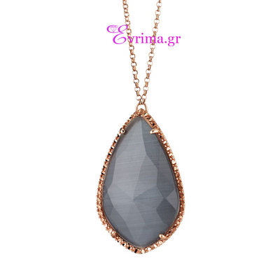 Oxette Sterling Silver Necklace with Rose Gold Plating and Precious Stones (Obsidian and Zirconia). [01X05-01294]