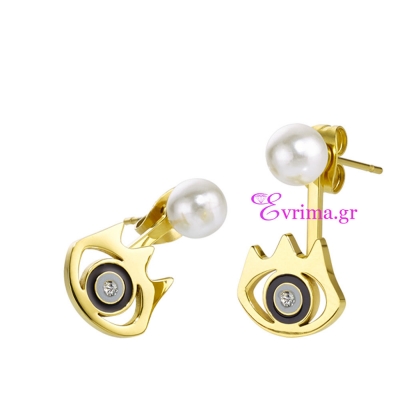 Loisir Stainless Steel Earrings with Precious Stones (Pearls and Quartz Crystals) and Ion Plated Gold. [03L27-00272]