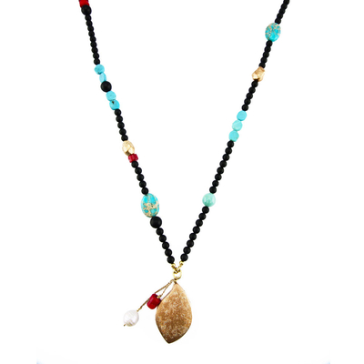 Oxette Sterling Silver Necklace with Gold Plating and Precious Stones (Agate and Turquoise). [01X05-01917]