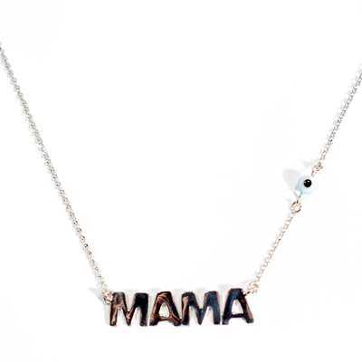 Χειροποίητο κολιέ (Μαμά) από επιπλατινωμένο ασήμι 925ο με ημιπολύτιμες πέτρες (Ματάκι). [IJ-Custom-Mama]