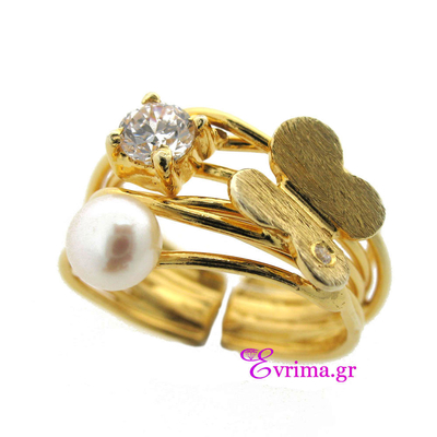 Handmade Sterling Silver Ring (Butterfly) with Gold Plating and Precious Stones (Pearls and Zirconia). Product Code : [IJ-010013]