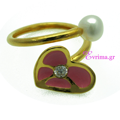 Handmade Sterling Silver Ring (Heart) with Gold Plating and Precious Stones (Enamel, Zirconia and Pearls). Product Code : [IJ-010082]