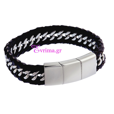 Visetti Stainless Steel Men Bracelet with Brown Leather Strap. Product Code : [AM-BR002C]