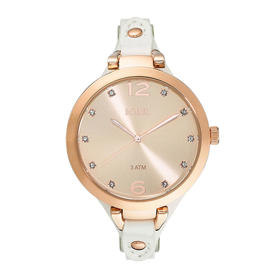Loisir Stainless Steel Watch with Rose Gold frame and leather strap. [11L65-00079]