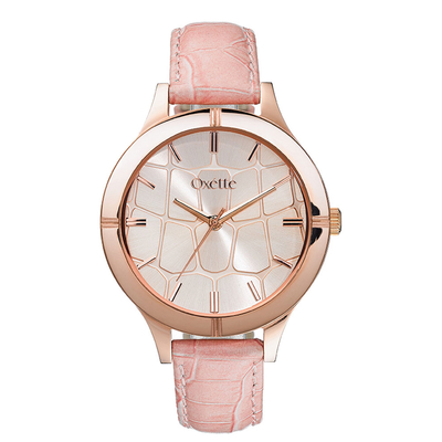 Oxette Watch with Rose Gold Stainless Steel frame and Leather Strap. [11X65-00171]