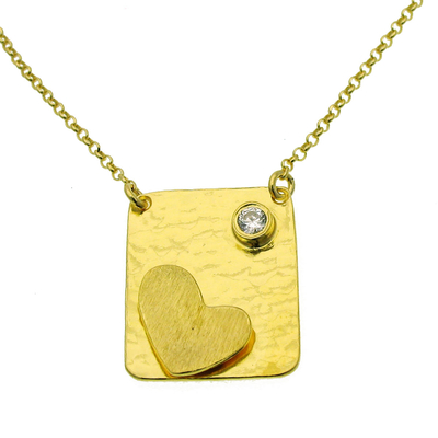 Handmade Sterling Silver Necklace (Heart) with Gold Plating and Precious Stones (Zirconia). Product Code : [IJ-040001]