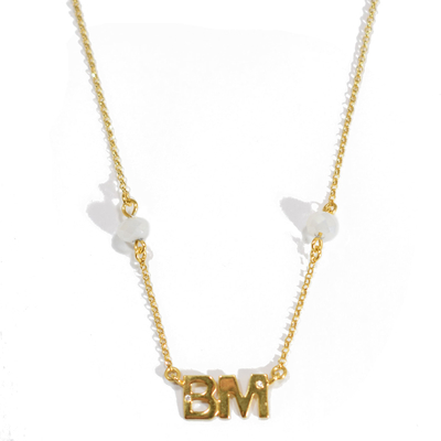 Handmade Sterling Silver Necklace (Two Letters) with Gold Plating and Precious Stones (Quartz Crystals and Zirconia). Product Code : [IJ-Two-Letters-Crystals]