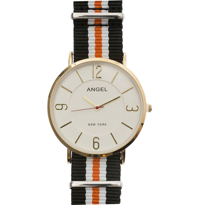 Angel Watch with gold stainless steel and black, white and orange textile strap AR.4734.20.01_BL_WH_OR