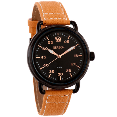 Season Time unisex watch 4-1-33-6 of Sport Chic series tan thong, black frame and black dial.