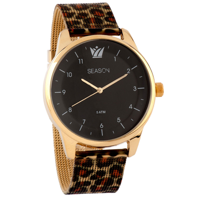 Season Time watch 4-2-30-4 of Jungle series with leopard-print bracelet, gold case and black dial.