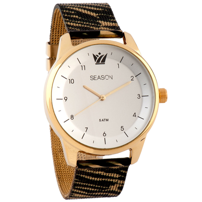 Season Time watch 4-2-30-9 of Jungle series with zebra-print bracelet, golden frame and silver dial.