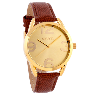 Season Time watch 6-1-34-12 of Atiena series with brown strap, gold frame and gold dial.