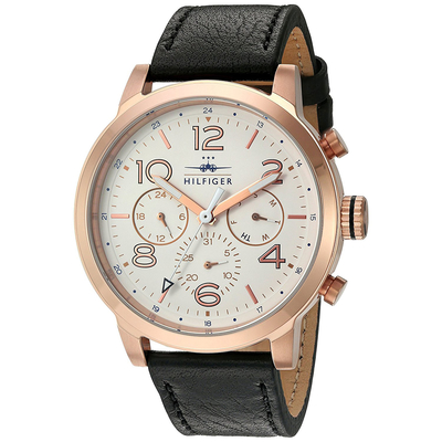Tommy Hilfiger Watch with rose gold stainless steel and black leather strap 1791236