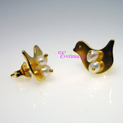 Handmade Earrings (Bird) with Sterling Silver Gold Plating and Precious Stones (Pearls). Product Code : [IJ-020275]