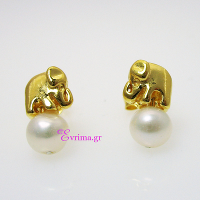 Handmade Earrings (Elephant) with Sterling Silver Gold Plating and Precious Stones (Pearls). Product Code : [IJ-020290]