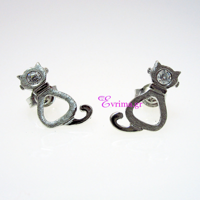 Handmade Earrings (Cat) with Sterling Silver Platinum Plating and Precious Stones (Zirconia). Product Code : [IJ-020297]
