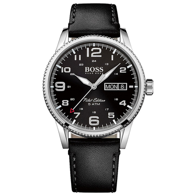 Hugo Boss Watch with stainless steel and black leather strap 1513330