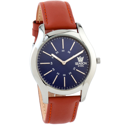 Season Time unisex watch 5-1-5-1 of Deluxe Steel series with tan leather strap, silver frame and blue dial.