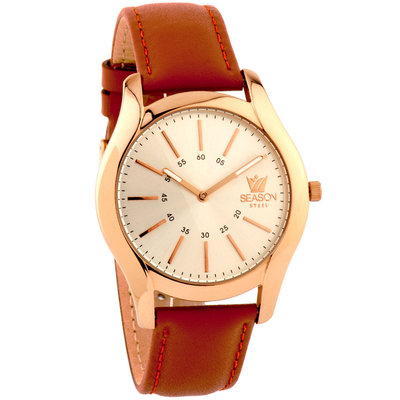 Season Time unisex watch 5-1-5-4 of Deluxe Steel series with tan leather strap, rose gold frame and silver dial.