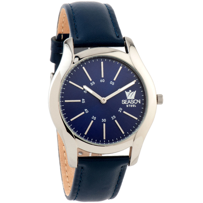 Season Time unisex watch 5-1-5-5 of Deluxe Steel series with blue leather strap, silver frame and blue dial.