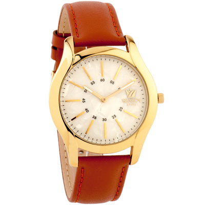 Season Time unisex watch 5-1-5-7 of Deluxe Steel series with tan leather strap, gold frame and mother of pearl dial.