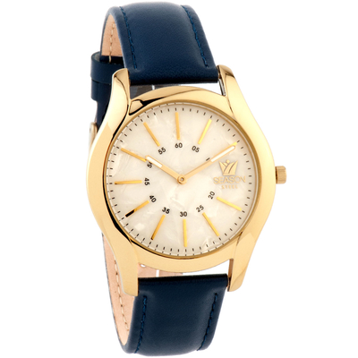 Season Time unisex watch 5-1-5-8 of Deluxe Steel series with blue leather strap, gold frame and mother of pearl dial.