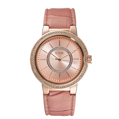 Loisir Watch with rose gold stainless steel frame and nude leather strap. 11L65-00067