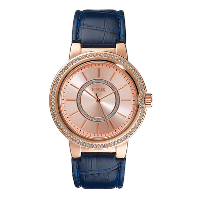 Loisir Watch with rose gold stainless steel frame and blue leather strap. 11L65-00072