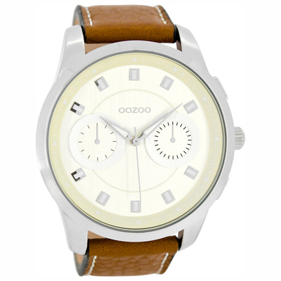 OOZOO Timepieces ανδρικό ρολόι XL με ασημί μεταλλική κάσα και καφέ δερμάτινο λουράκι C8206