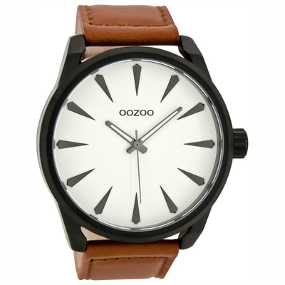 OOZOO Timepieces ανδρικό ρολόι XL με μαύρη μεταλλική κάσα και καφέ δερμάτινο λουράκι C8226