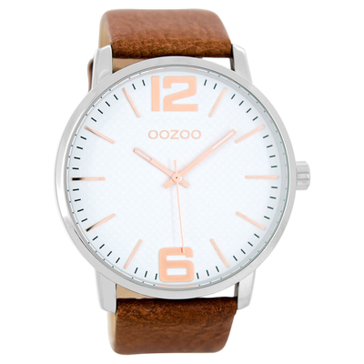 OOZOO Timepieces ανδρικό ρολόι XL με ασημί μεταλλική κάσα και καφέ δερμάτινο λουράκι C8501