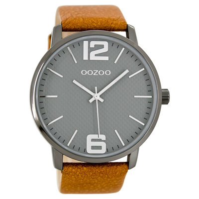OOZOO Timepieces ανδρικό ρολόι XL με γκρι μεταλλική κάσα και καφέ δερμάτινο λουράκι C8503