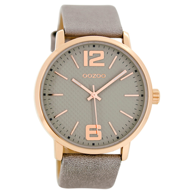 OOZOO Timepieces unisex ρολόι XL με ροζ χρυσή μεταλλική κάσα και απαλό γκρι δερμάτινο λουράκι C8505