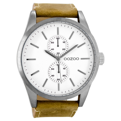 OOZOO Timepieces unisex ρολόι XL με γκρι μεταλλική κάσα και καφέ δερμάτινο λουράκι C8510