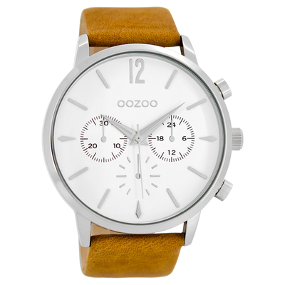 OOZOO Timepieces ανδρικό ρολόι XL με ασημί μεταλλική κάσα και καφέ δερμάτινο λουράκι C8515