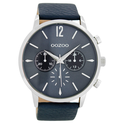 OOZOO Timepieces gents watch XL with silver metallic frame and dark blue leather strap C8518