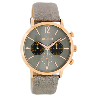 OOZOO Timepieces unisex ρολόι με ροζ χρυσή μεταλλική κάσα και απαλό γκρι δερμάτινο λουράκι C8520