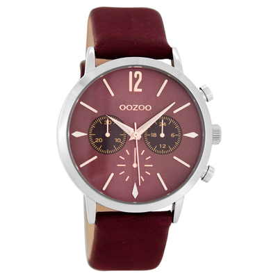 OOZOO Timepieces unisex watch with silver metallic frame and bordeaux leather strap C8523