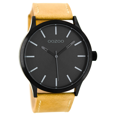OOZOO Timepieces ανδρικό ρολόι XL με μαύρη μεταλλική κάσα και καφέ δερμάτινο λουράκι C8526