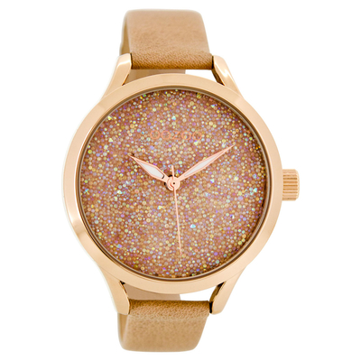OOZOO Timepieces γυναικείο ρολόι XL με ροζ χρυσή μεταλλική κάσα και καφέ δερμάτινο λουράκι C8646