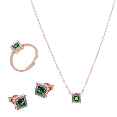 Σετ κοσμημάτων Prince Silvero (κολιέ, σκουλαρίκια και δαχτυλίδι) από ροζ επιχρυσωμένο ασήμι 925ο με ημιπολύτιμες πέτρες (ζιργκόν). JD-SE172G-R-SET