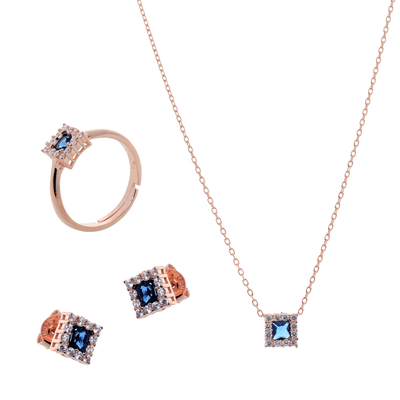 Σετ κοσμημάτων Prince Silvero (κολιέ, σκουλαρίκια και δαχτυλίδι) από ροζ επιχρυσωμένο ασήμι 925ο με ημιπολύτιμες πέτρες (ζιργκόν). JD-SE172M-R-SET