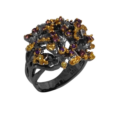 Χειροποίητο ασημένιο δαχτυλίδι Εύρημα με μαύρη και χρυσή επιμετάλλωση και ημιπολύτιμες πέτρες (ζιργκόν) ENG-ER-01