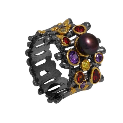 Handmade sterling silver ring Evrima with black and gold plating and precious stones (pearls and zirconia) ENG-ER-12
