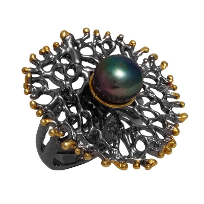 Χειροποίητο ασημένιο δαχτυλίδι Εύρημα με μαύρη και χρυσή επιμετάλλωση και ημιπολύτιμες πέτρες (πέρλες) ENG-ER-23