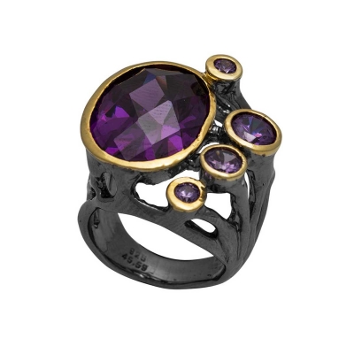 Handmade sterling silver ring Evrima with black and gold plating and precious stones (zirconia) ENG-ER-37